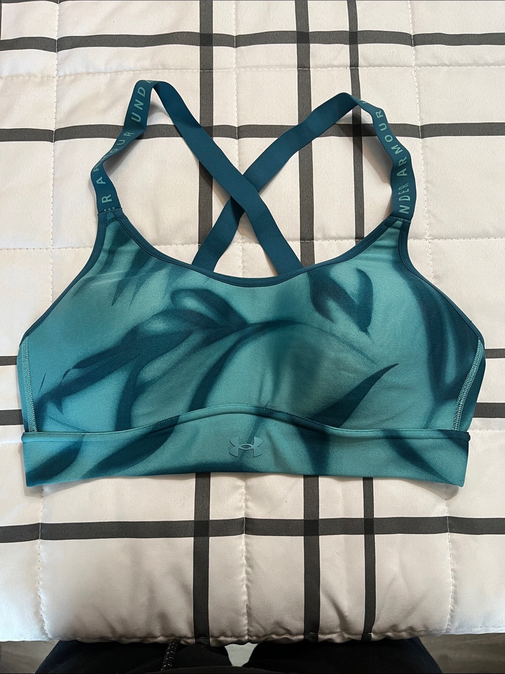 Under Armour Teal Green Leaf-Print Crossback Sports Bra